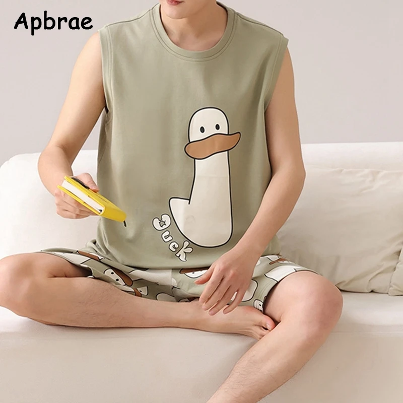 Chic Elizabeth Duck Printing 100% Cotton Man's Pajamas Summer Soft Shorts Homewear Pullover Comfy Sleepwear Youth Men's Pyjamas