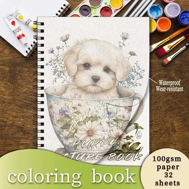 A4 Spiral Puppy Coloring Book for Adults 32 Pages Cute Dog Designs Relaxing Art Therapy Creative Gift