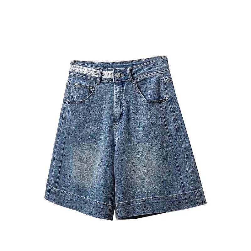 Fashion lace splicing elastic denim shorts women's summer new loose and slimming wide leg five quarter mid length pants