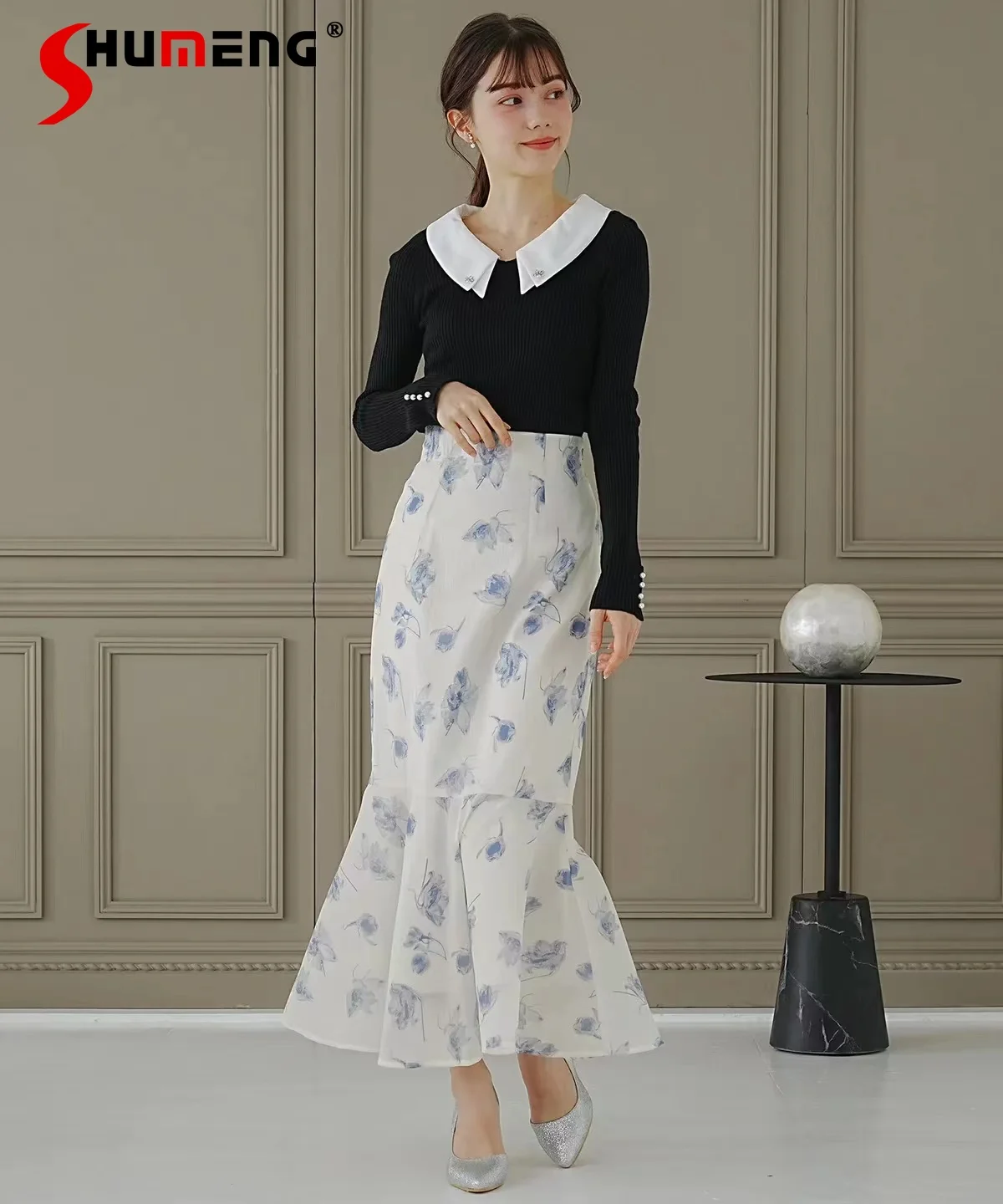 Japanese Woman Printed Flowers Midi Skirts 2024 Summer High-End Women's Translucent Print High Waisted Mid-length Fishtail Skirt