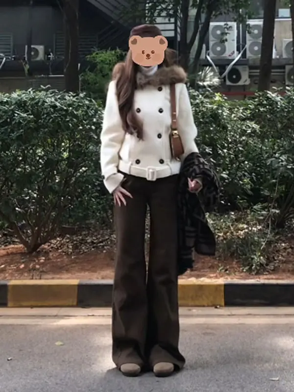 

Thiened Double-Breasted Hat Coat Woolen Outerwear Gentle Sle Korean Version Slim Fit Long Sve Anti-Stain Pure Color