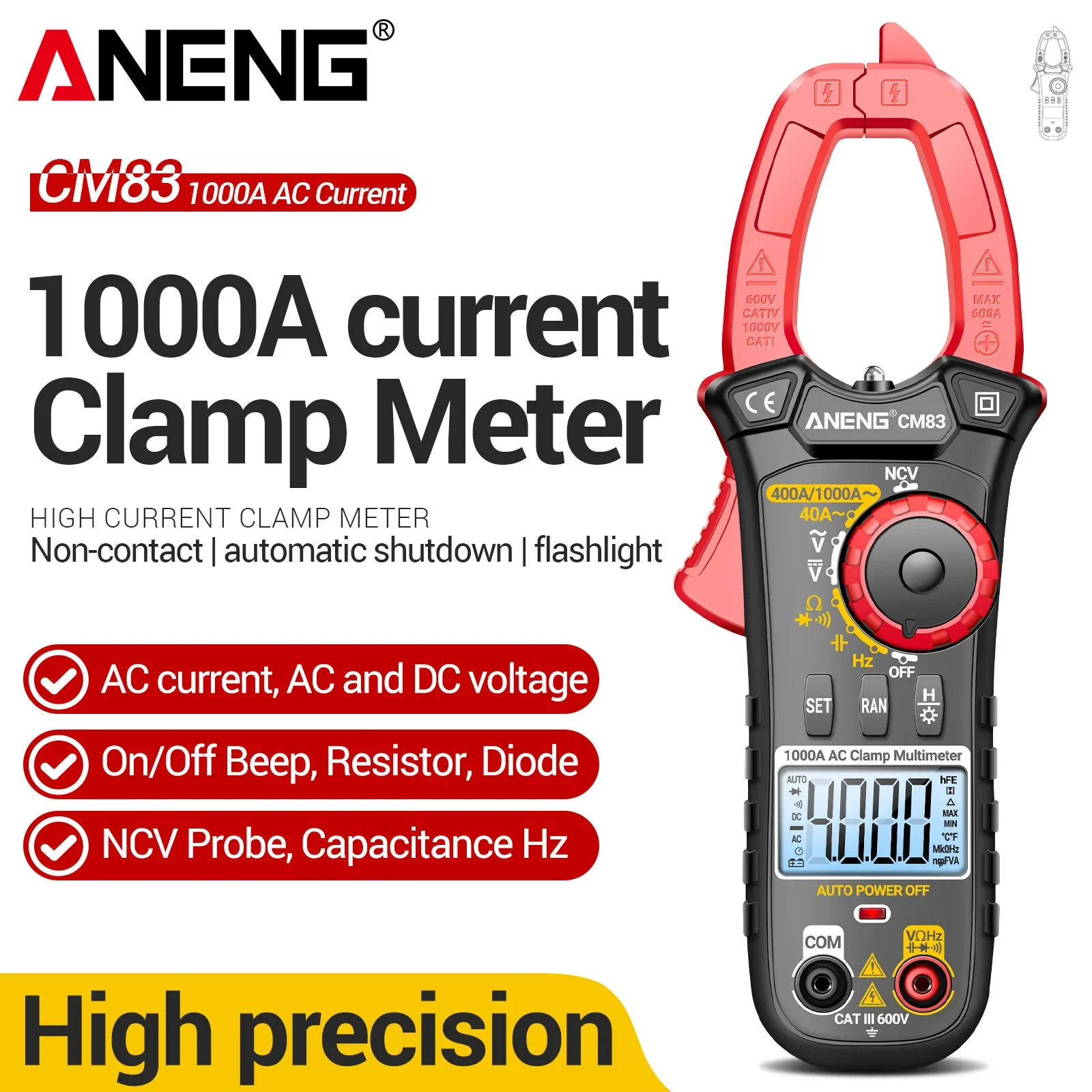 ANENG CM83 1000A AC Current Clamp Meter Multimeter for Electrician 4000 Counts NCV Voltage Tester Backlight Flashlight Data Hold