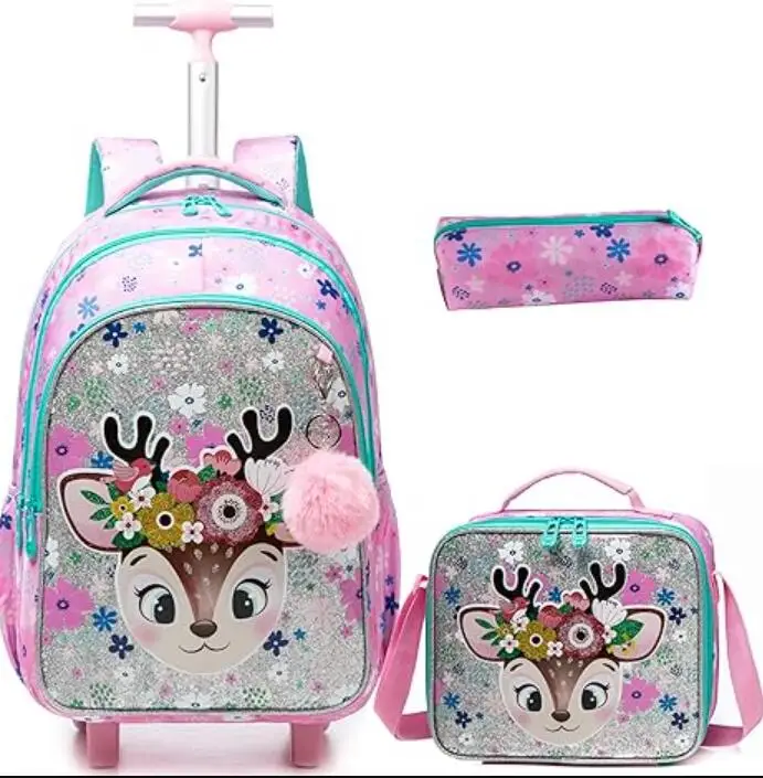 School Rolling Backpack bag for Girls Mermaid Suitcases Trolley Roller Luggage Backpacks on Wheels with Lunch Box Pencil Case