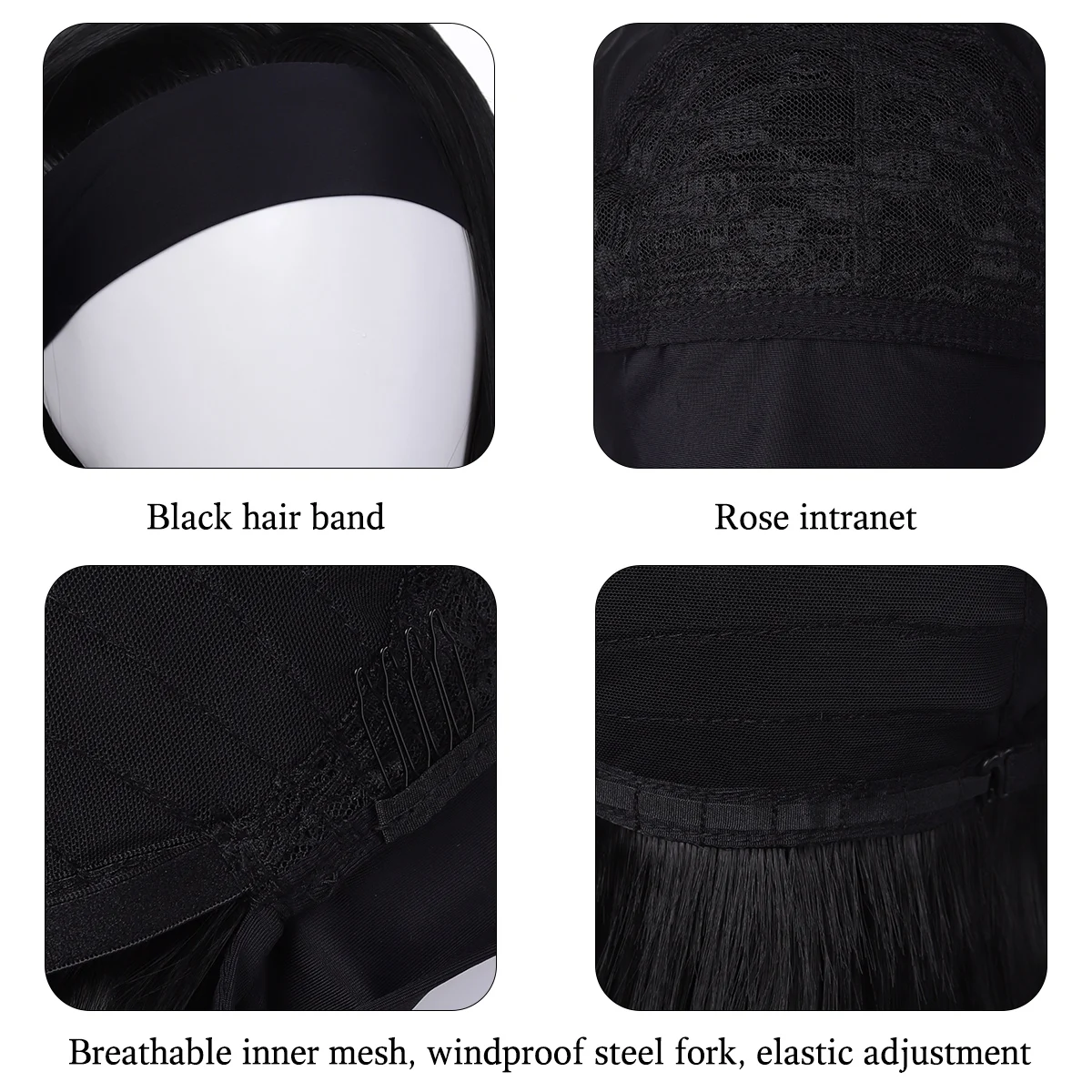 شعر مستعار صناعي أسود على شكل عصابة رأس للمرأة الأفريقية شعر مستعار قصير مستقيم 16 بوصة أسود مقاوم للحرارة #3