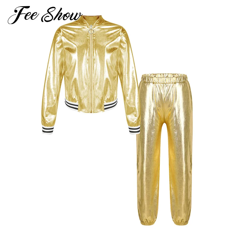 

Fashion Kids Girls Metallic Sports Outfit Workout Clothes Long Sleeve Zipper Jacket with High Waist Pants Street Wear Tracksuits