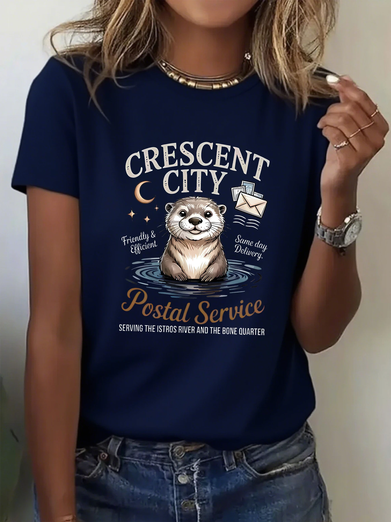 Ladies' Summer Round Neck Short sleeved T-shirt Cute Otter New Moon Envelope Cartoon Pattern T-from New Moon City Postal Service