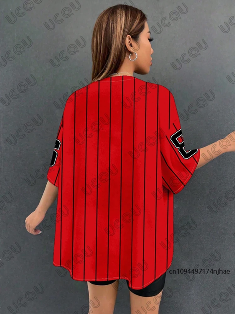 Red LA 86 Stripe Baseball Shirt | Summer Streetwear Button Up Top for Women Men