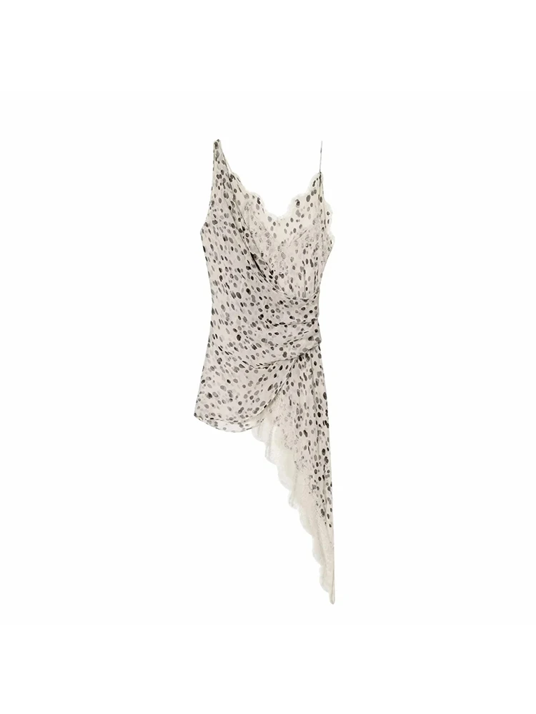 ชุดเดรสแฟชั่นผู้หญิงลายจุดสไตล์ชุดชั้นในแบบผูกคอ ชายกระโปรงไม่เท่ากัน เหมาะสำหรับงานปาร์ตี้วันหยุดพักผ่อนริมชายหาด