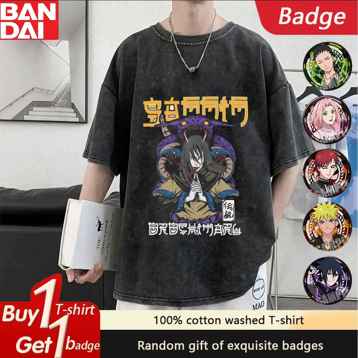 

Y2k Clothing Anime Naruto Print Vintage Washed Men's T Shirts Streetwear Oversized Women's Short Sleeved Tee Casual Tops Summer