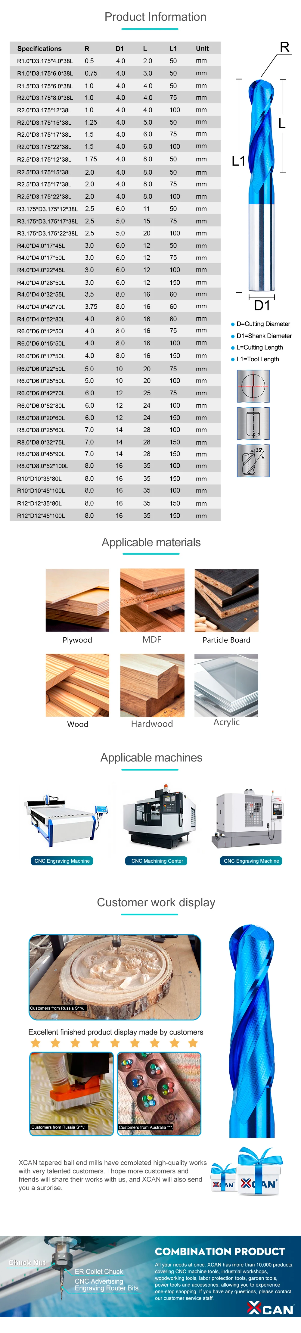 XCAN Ball Nase Ende Mühle 3,175 4 6 8 10 12mm Schaft Hartmetall Fräser 2 Flöte Nano Blau beschichtet CNC Router Bit Für Holz – Detail 4