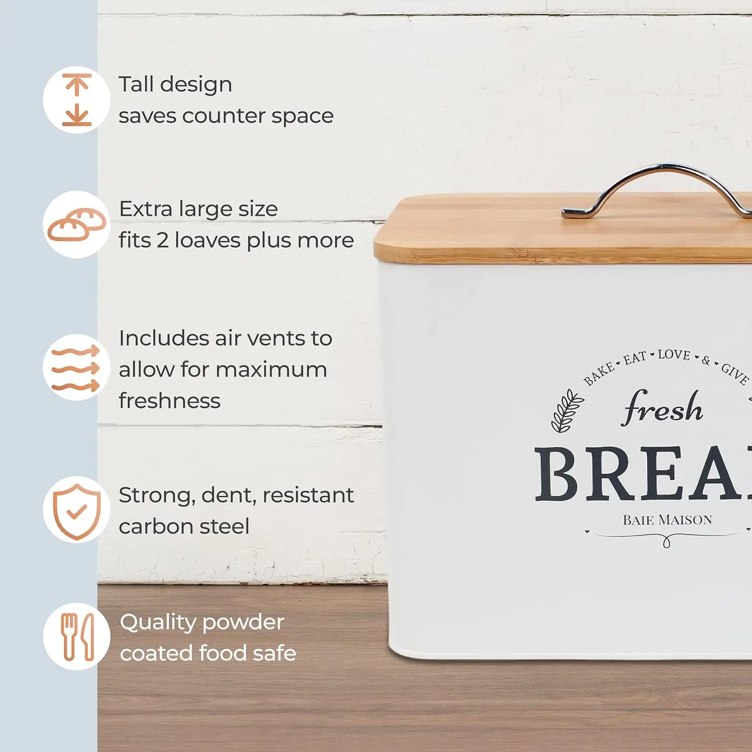 Large White Farmhouse Bread Box with Wood Lid - Holds 2+ Loaves, Rustic Kitchen Decor for Countertop Storage