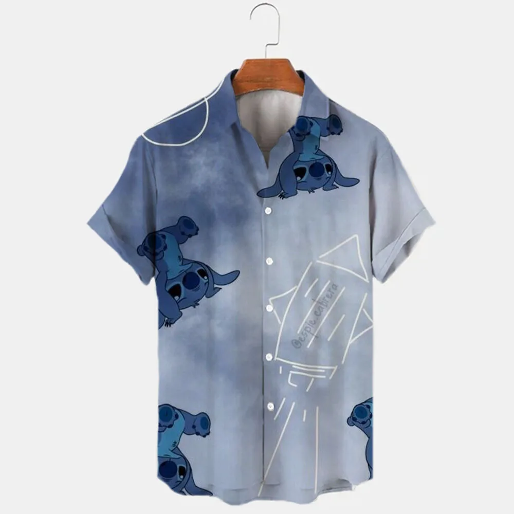 Marca ponto disney masculina camisa casual dos desenhos animados, estilo praia, impressa em 3D, manga curta, lapela, slim fit, top masculino, verão, nova, 2024