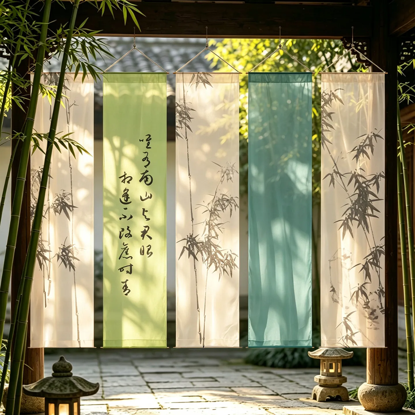 Room Divider Set – 5 Panel Semi Transparent Chiffon Curtains, Japanese Noren Partition for Tatami Room, Tea Room & Zen Decor