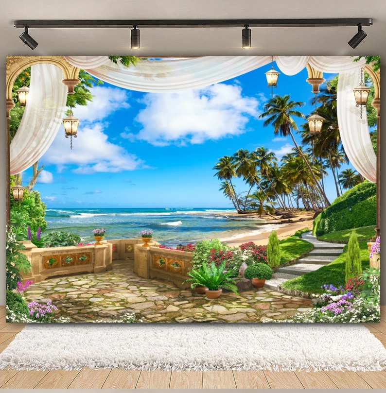 Summer Sea Landscape Backdrop Palace Balcony Curtain Tropical Beach Seaside Ocean Wedding Birthday Party Photography Background