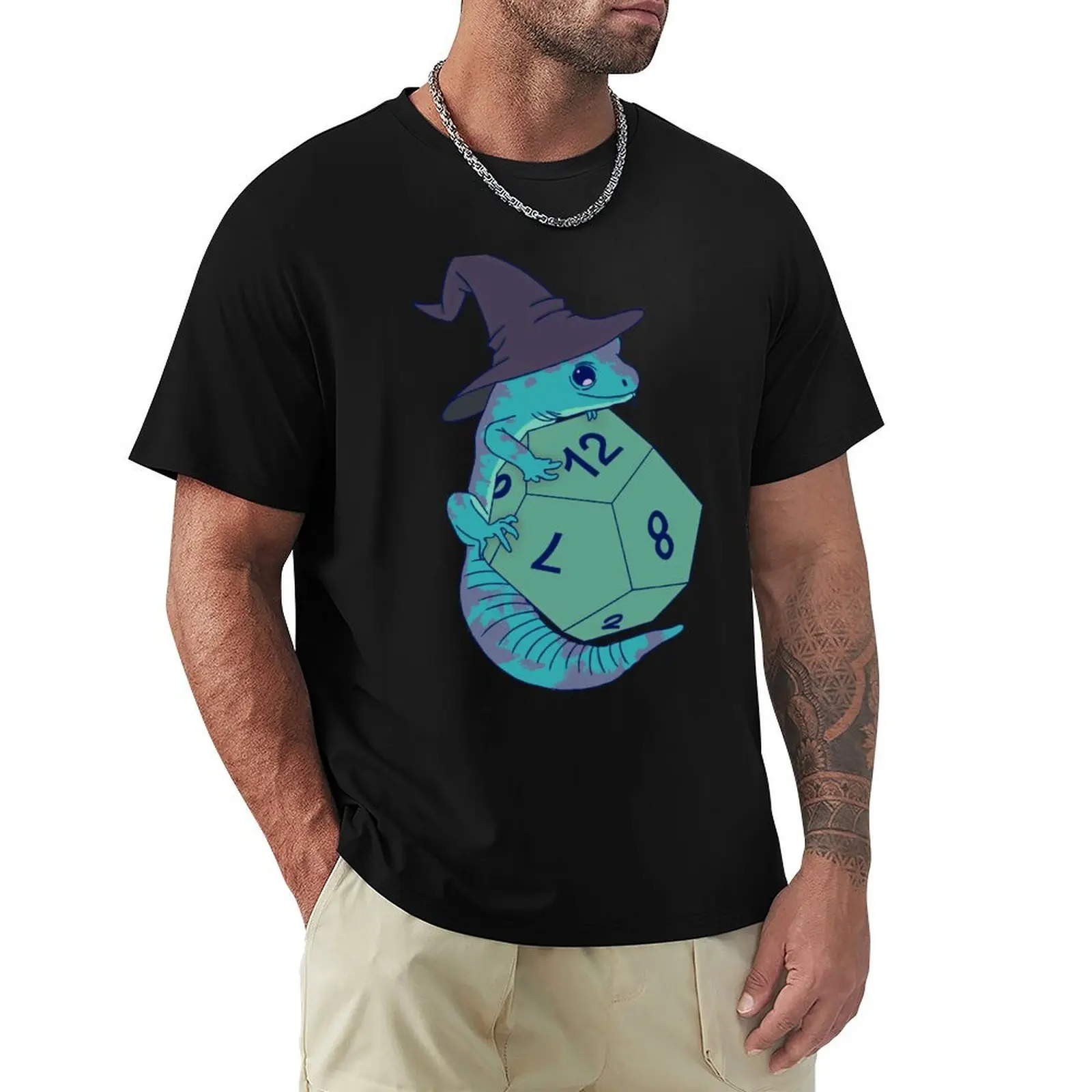 DnD Wizard Lizard- Camiseta informal básica de manga corta con estampado técnico en color verde azulado