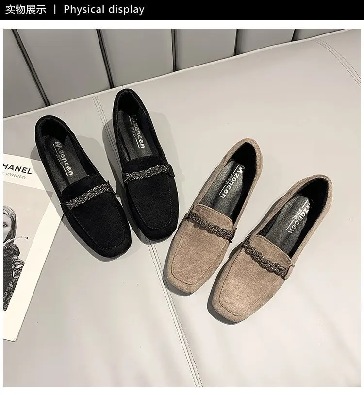 2022 Autumn Winter Women Loafers Low Heels Boat Shoes Square Toe Dress Shoes Chain Faux Suede Plush Warm Ladies Shoes Plus Size