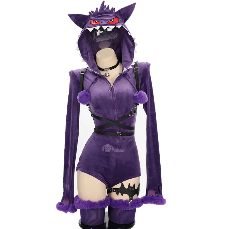 Anime Gengar Cosplay Costume Women Sexy Hooded Bodysuit Tail Socks Suit Bunny Girl Cartoon Plush Pajamas Kawaii Jumpsuit Uniform