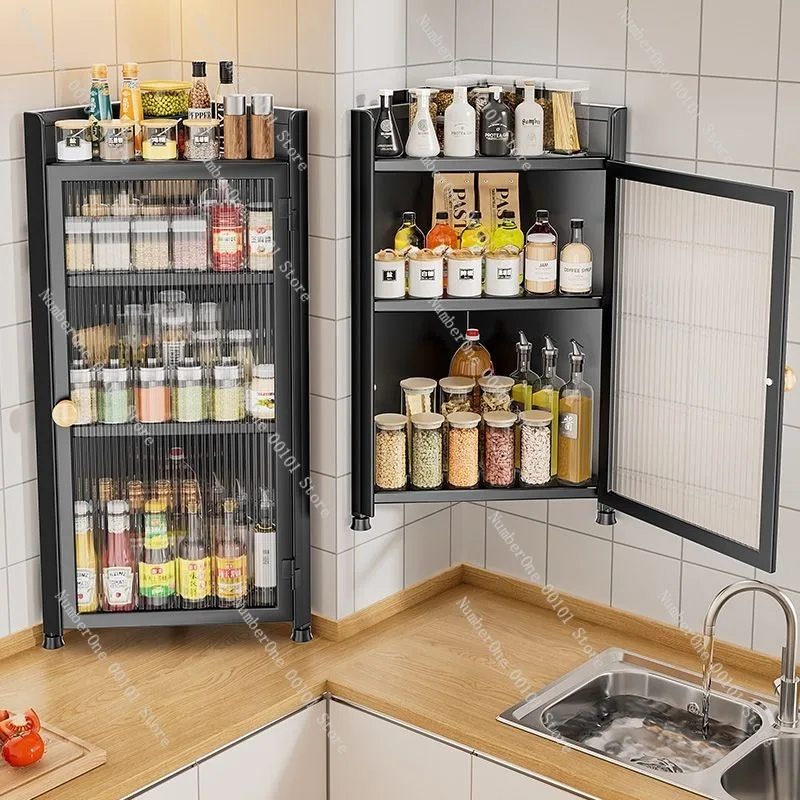 Kitchen Corner Shelf with Anti-dust Door, Triangular Wall-mounted Seasoning Cabinet, Condiment and Oil Salt Vinegar Storage