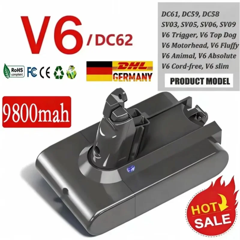 Akumulator zamienny do Dyson V6 21.6V 12800Ah DC62 DC59 DC58 SV03 SV04 SV09 Animal Motorhead V6 Slim Absolute Vacuum — 2