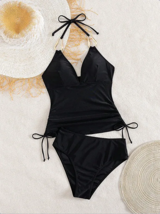 

Halter Swimsuit Backless Cutout One Piece Swimsuit Split Two Piece Swimsuit Solid Color Swimwear Beach Vacation For Women