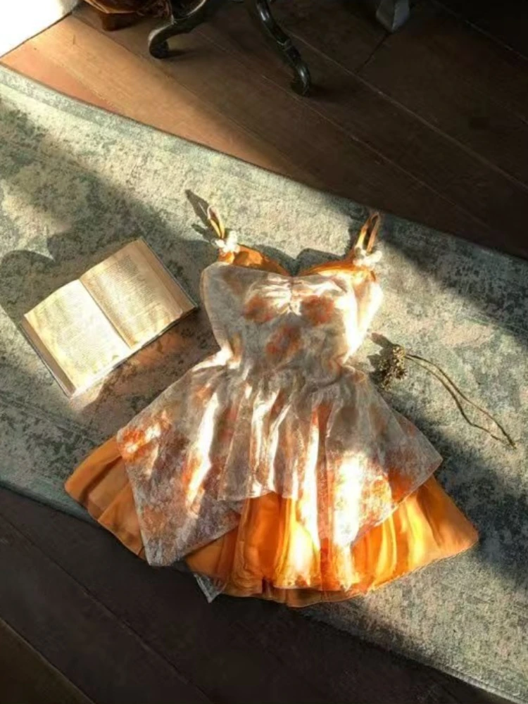 

French Fairycore Plus Size Women Orange Floral Lace Patchwork Irregular Hem Spaghetti Strap Mini Dress Summer Casual Party Wear