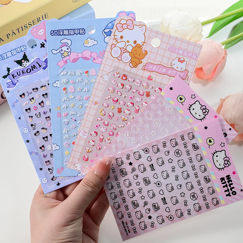 

1Pc 5D Embossed Hello Kitty Kuromi Nail Stickers Kawaii Cartoon Cinnamoroll Nail Decals DIY Adhesive Slider Nails Art Decoration
