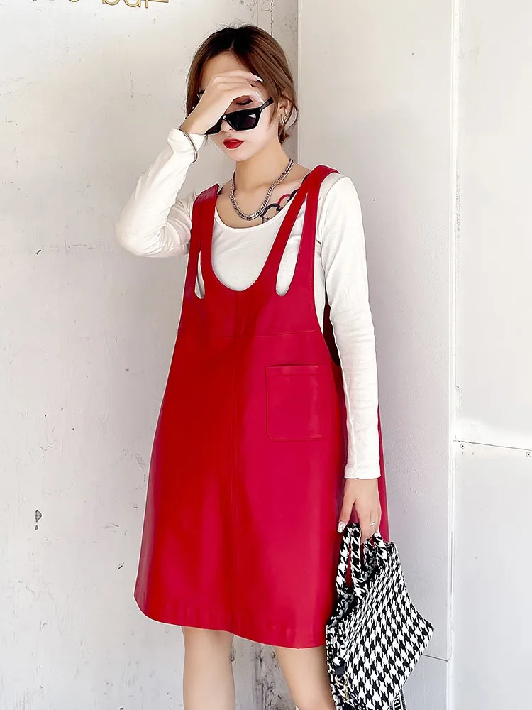 Robe en cuir véritable pour femmes, ajourée, en peau de mouton, taille haute, coupe ample, décontractée, débardeur, pull sans manches, robe courte trapèze