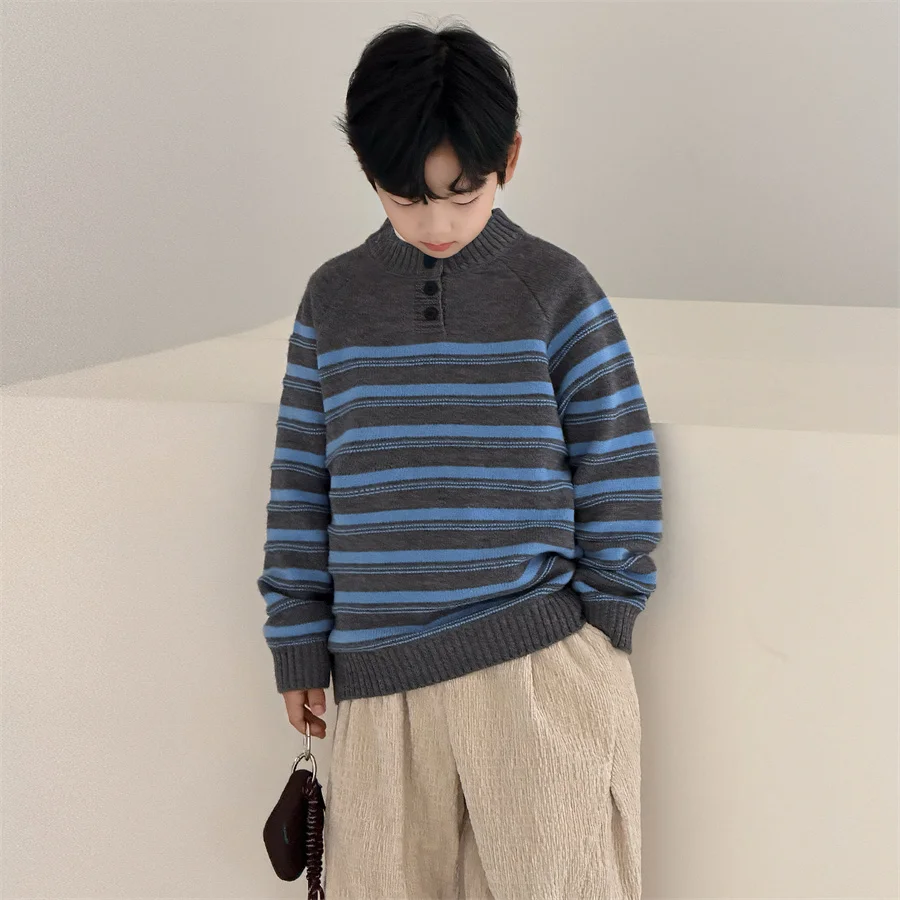 Spring Children Knitted Clothing For Tweens Boys Blue Striped Sweater with Buttons Kids Teenager New Designer Fashion Knitwear