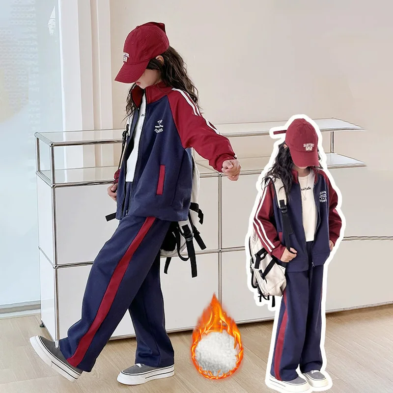 Spring Autumn Winter 5-14 Years Girls Color Block Tracksuit Kids Letter Print Jacket + Wide-leg Pants 2-Piece Fleece Warm Outfit