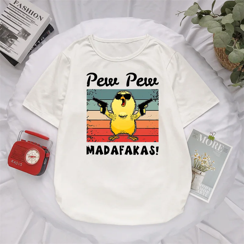 Pew Pew Madafakas Tshirt Duck Gangster with Gun Kawaii Cartoon Print Tops Women Men Oversized T-shirt Men\'s Clothing Camisetas