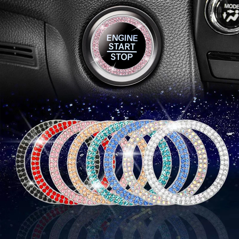 Car One-Click Engine Start Stop Switch Button Cover Double Crystal Rhinestone Sticker Ignition Start Switch Protector Ring