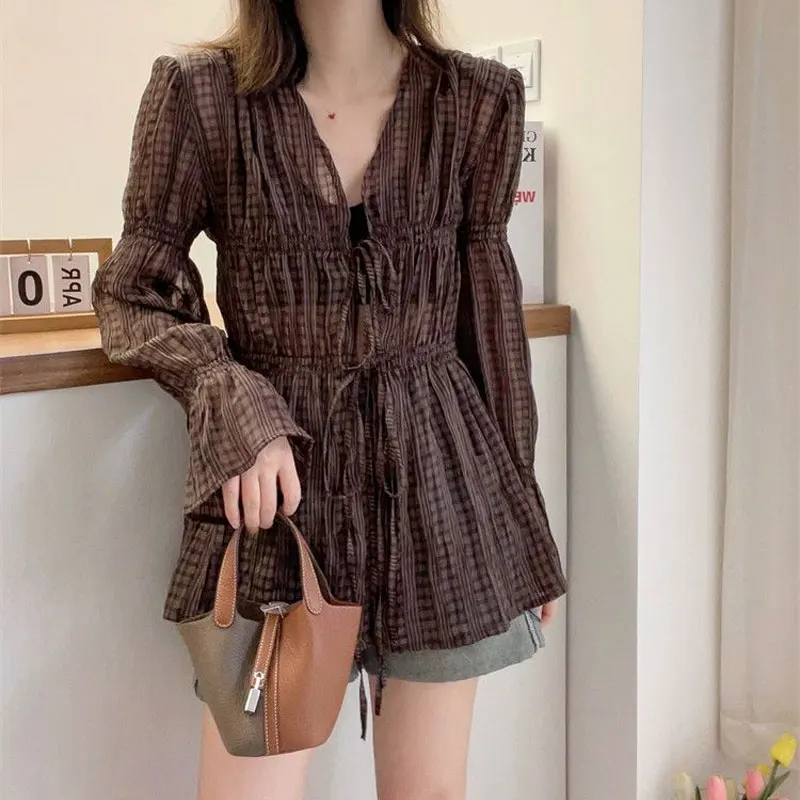 Commute Plaid Ruffles V-Neck Blouse Female Clothing Fashion Folds Spliced Drawstring Spring Summer Long Sleeve Waist Slim Shirt