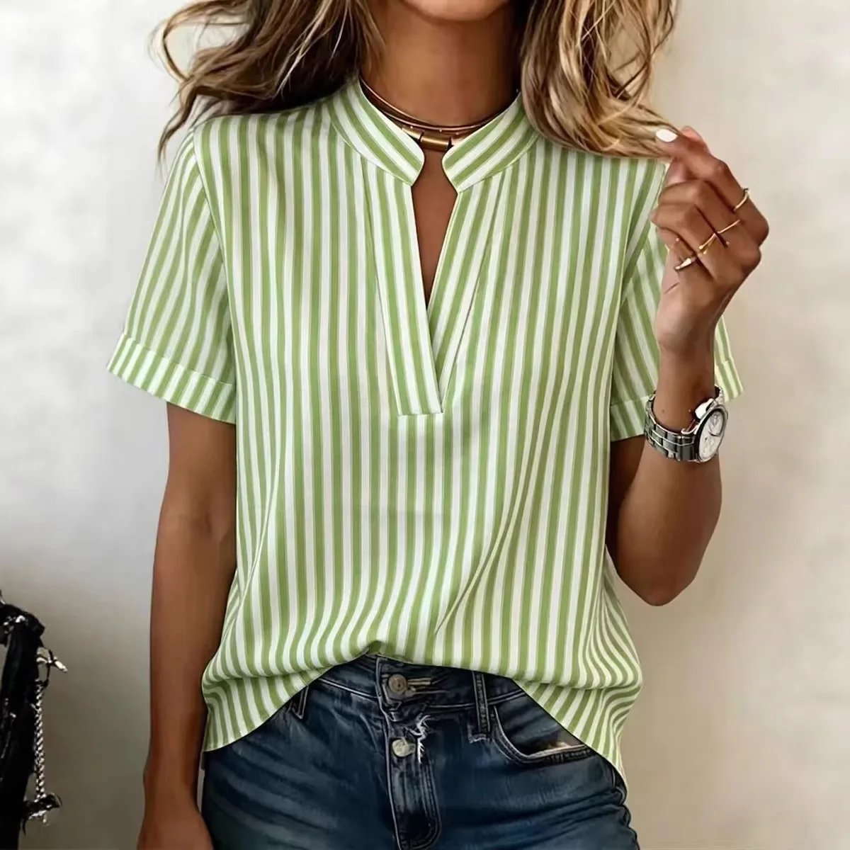 European American Cross-Border 2026 Amazon Independent Site Summer New Simple And Elegant Women's Striped Short-Sleeve Fashion