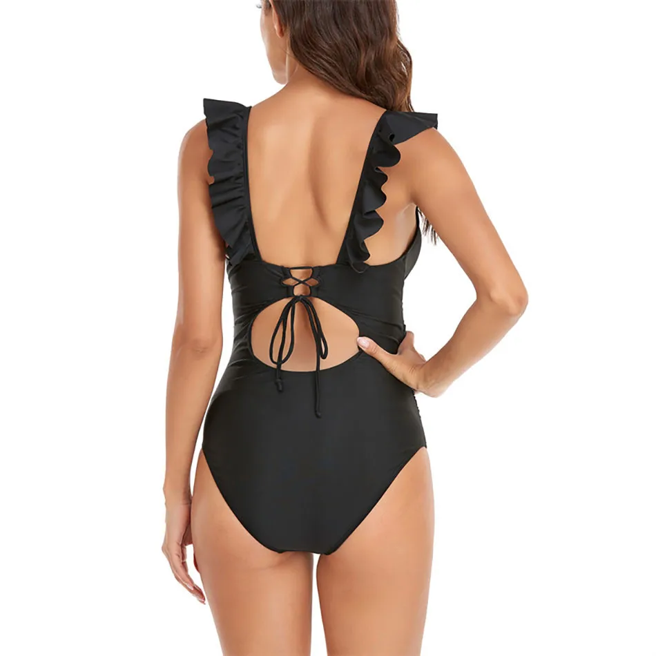 Maternity Clothings Solid Black Ruffled One-piece Swimwear Lace Up Female Bikini Swimwear New Pregnant Women Beach Bathing Suits