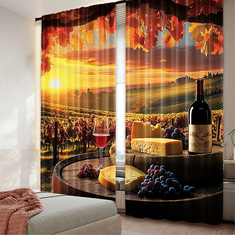 2Pcs Winery Curtain White Wine With Cask On Vineyard At Sunset For Living Room Bedroom And Dining Room