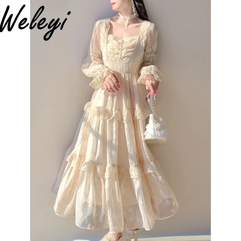 

Kawaii Women Sweet Lace Splicing Dresses 2025 Spring New Large Size Women Clothes Gentle Square Collar Fairy Cake Dress Kleider