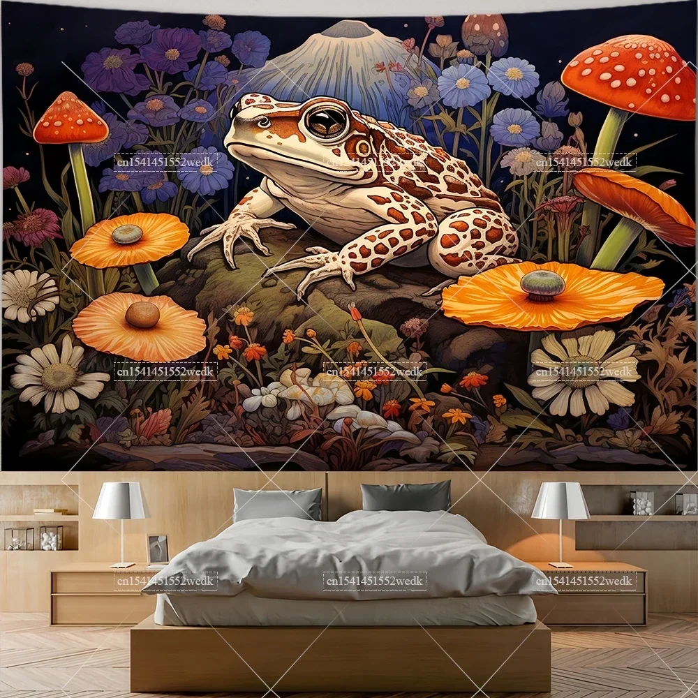 Mushroom Frog Tapestry Wall Hanging Room Deocr Aesthetic Trippy Flowers Landscape Tapestrys Bedroom Background Cloths For Home