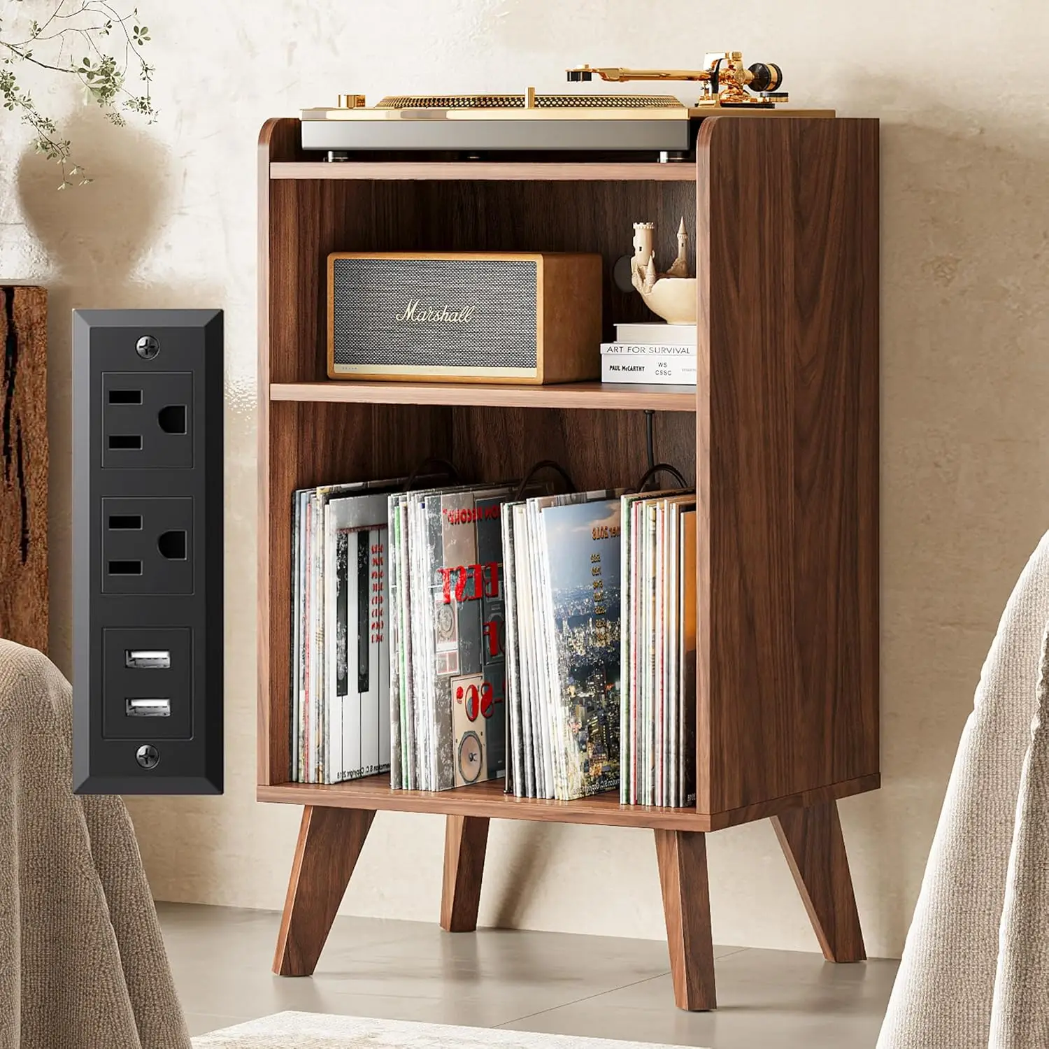 

Record Player Stand with Charging Station and USB Ports, Turntable Stand with Record Storage for Up to 160 Albums, Living Room