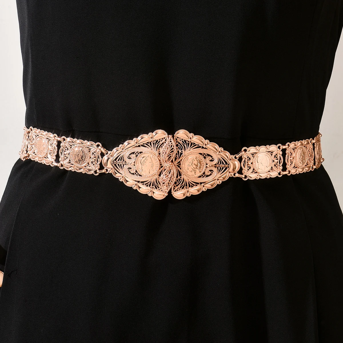 حزام تخريمية لحفلات الزفاف - ذهبي وذهبي وردي مع عملة مزخرفة منقوشة لأناقة ثوب الزفاف الخالدة وتصفيف الزفاف الملكي #5