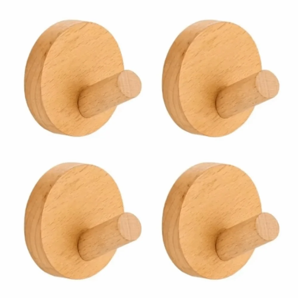 

4pcs Key Hanger Beech Walnut Wood Wood Hook Solid Wood Punch Free Wall Hook Wood Handle Simple Design Towel Hook Clothes Storage