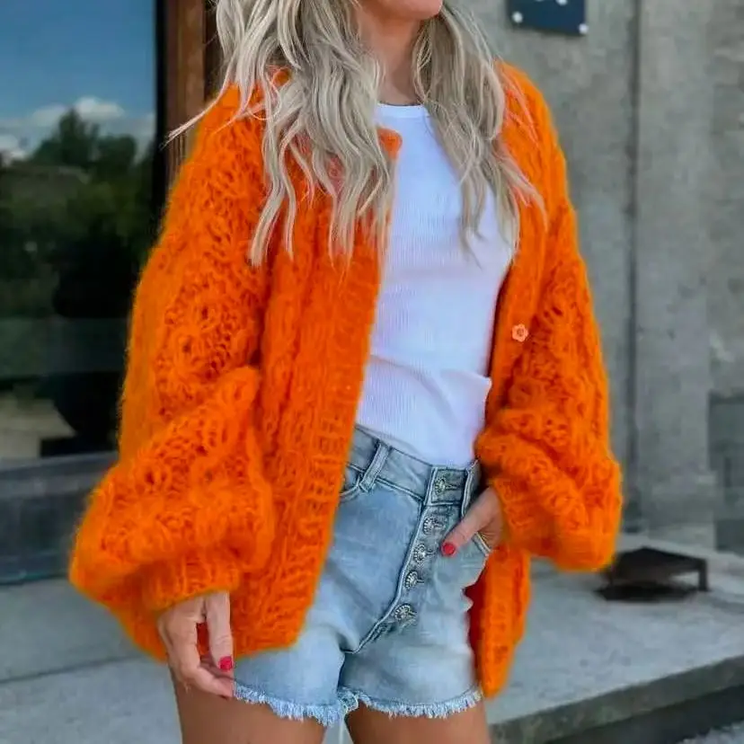 Hand woven loose buttoned cardigan with bright color texture woolen sweater for women's pure wool knitted sweater autumn outfit