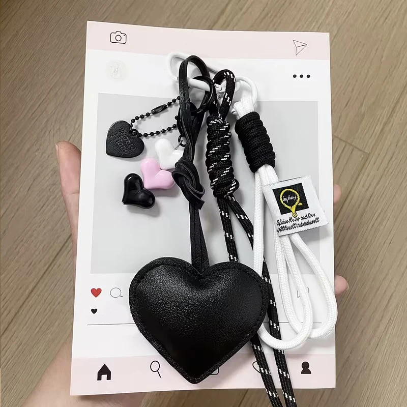 Cute PU Heart Leather Rope Keychain Handmade Braided Rope Car Keyrings Ins Y2K Love Rope Bag Charm Children