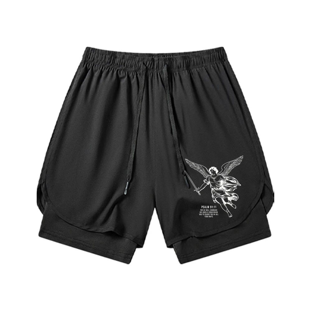 

Angel Print Two-In-One Double-Layer Shorts With Cell Phone Pocket Men's Sports Fitness Shorts Summer Loose Breathable Shorts