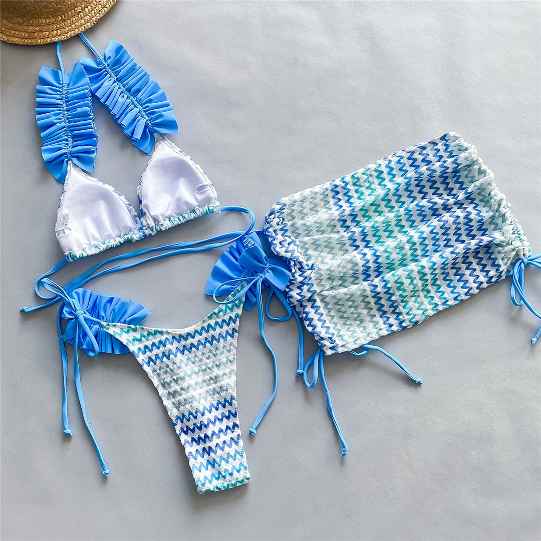 Mit Rock, gewelltem, gerüschtem Bikini, Damen-Badeanzug, Damen-Badebekleidung, dreiteiliges Bikini-Set, Badeanzug, Badebekleidung, Schwimmanzug V5235 – Detail 32