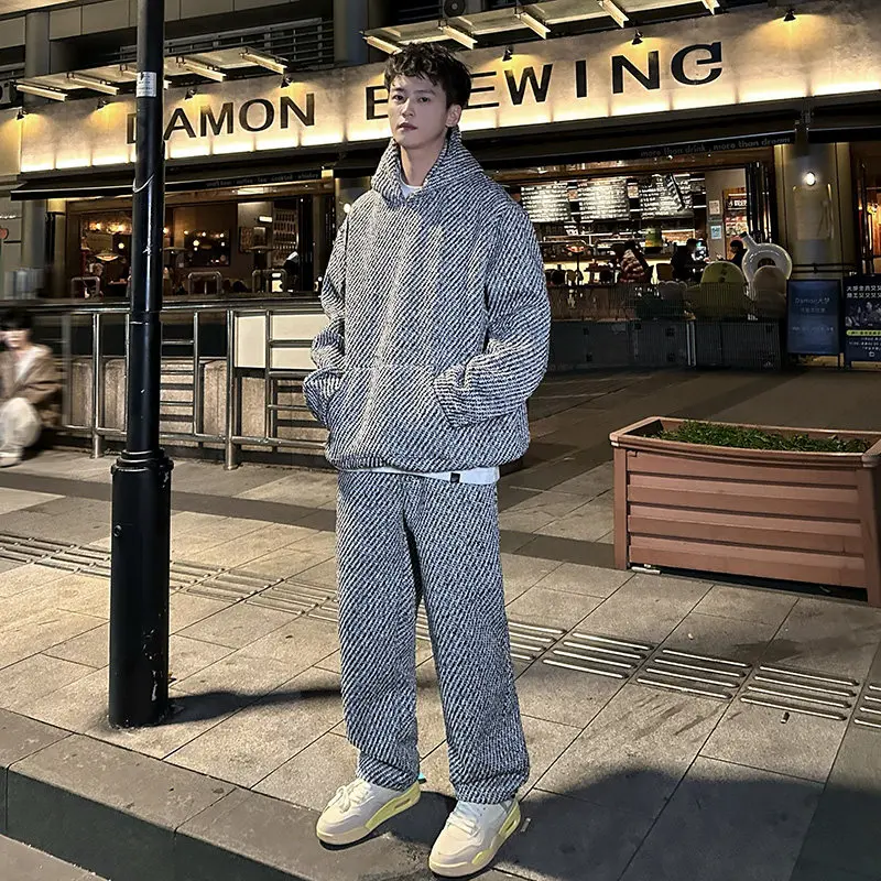 

Мужская классическая толстовка с капюшоном и джоггеры с узором «гусиные лапки», уютный зимний уличный спортивный костюм с карманом-кенгуру, повседневный комплект из двух предметов