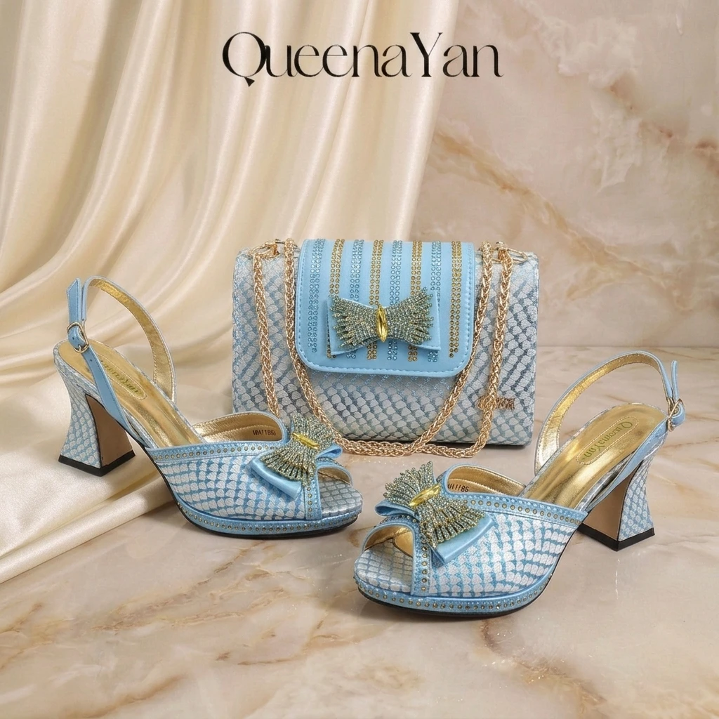 QueenaYan Sky Blue Peep Toe Slingback Block Heels & Handbag Set, Rhinestone Bow Striped Matching Shoes Bag Set For Wedding Party
