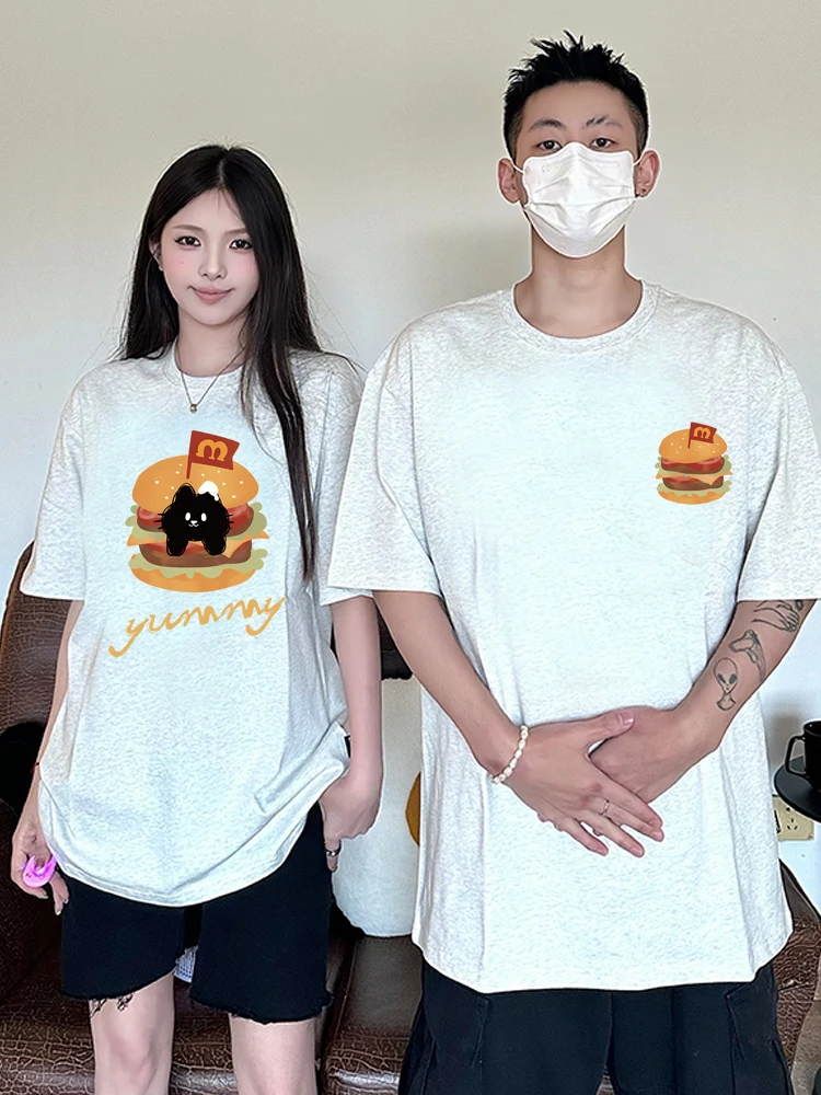 Burger Cat Couple Outfit Summer 2024 New High-quality Short-sleeved Cotton T-shirt