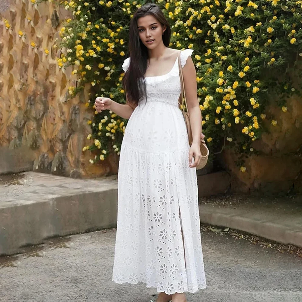 فستان ماكسي للأمهات باللون الأبيض للنساء المطاطي لالتقاط الصور النسائية الأنيقة برقبة مربعة بدون ظهر تنورة طويلة فساتين شاطئ بوهو أنيقة #5