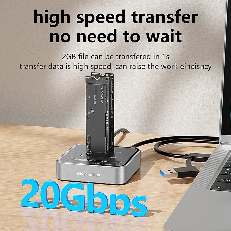 

Dual-Bay M.2 NVMe SSD Enclosure, 20Gbps USB3.2 Type-C Offline Clone Duplicator