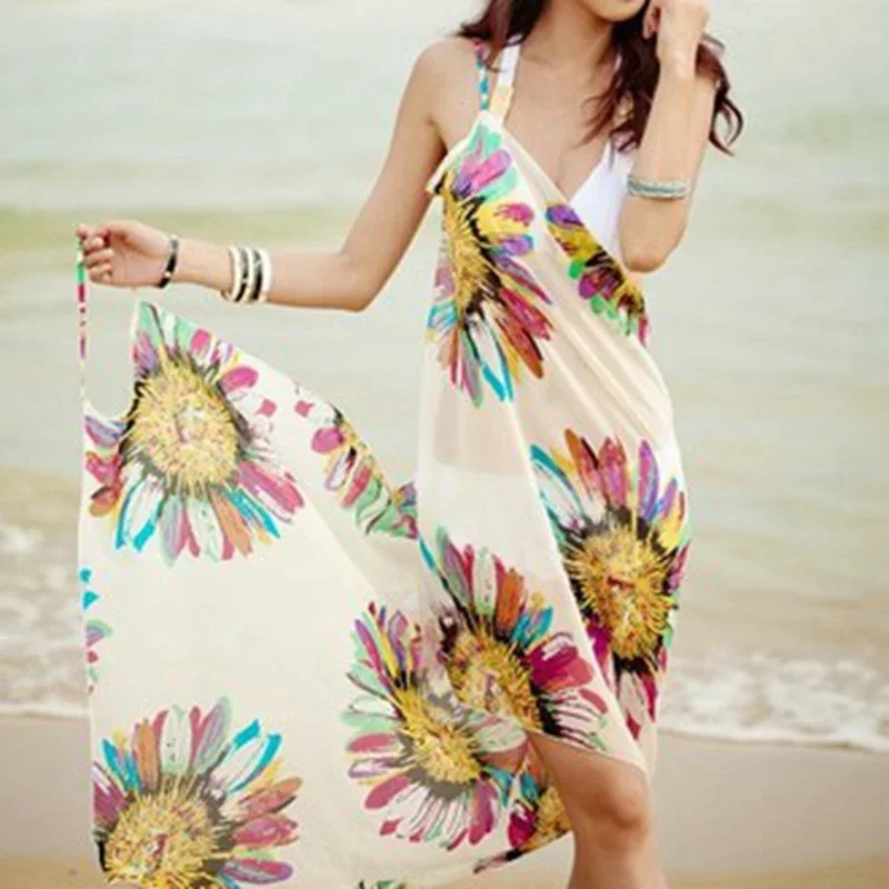 Vestido de banho estampado feminino, biquíni de praia, saia pareo chiffon wrap, cachecol sarong, moda praia, maiôs de verão